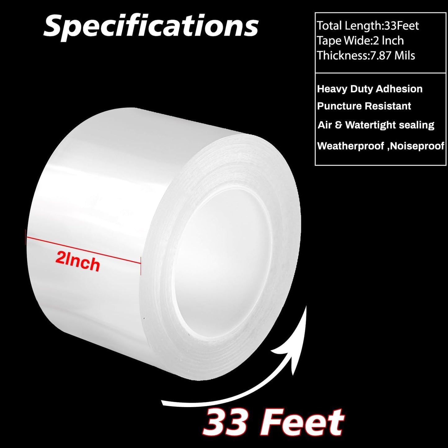Window Weather Sealing Tape 2 Inch x 33 FT Weather Stripping Residue-Free Clear Window Draft Isolation Sealing Film Caulk Tape for Doors and Shower Glass Gaps Bathroom