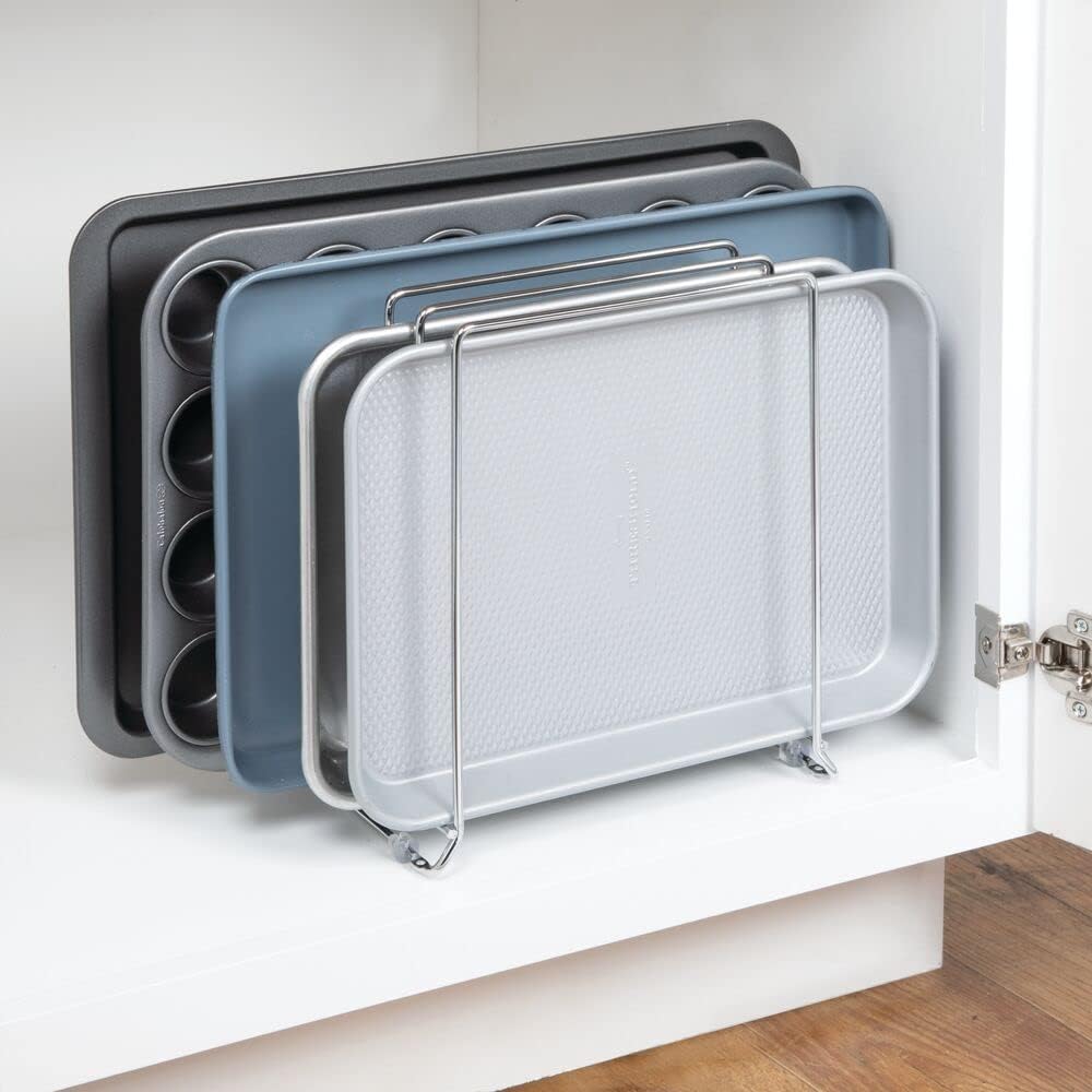 mDesign X-Large Steel Storage Tray Organizer Rack for Kitchen Cabinet - Divided Holder with 5 Slots for Skillets, Frying Pan, Pot Lids, Cutting Board, Baking Sheets - Concerto Collection - White