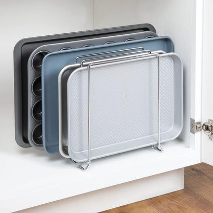 mDesign X-Large Steel Storage Tray Organizer Rack for Kitchen Cabinet - Divided Holder with 5 Slots for Skillets, Frying Pan, Pot Lids, Cutting Board, Baking Sheets - Concerto Collection - White