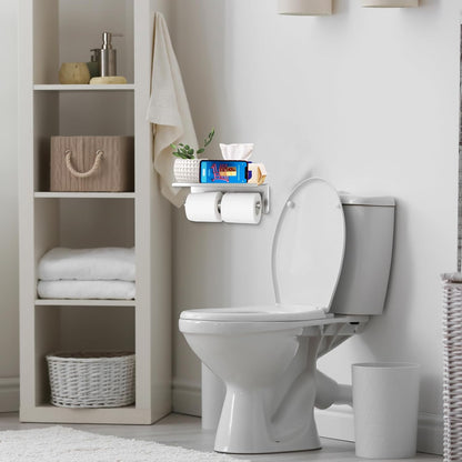 Toilet Paper Holder with Shelf Wall Mounted Toilet Paper Storage, Double Roll Tissue Holder Dispenser Bathroom Toilet Paper Holder (Matte Black)