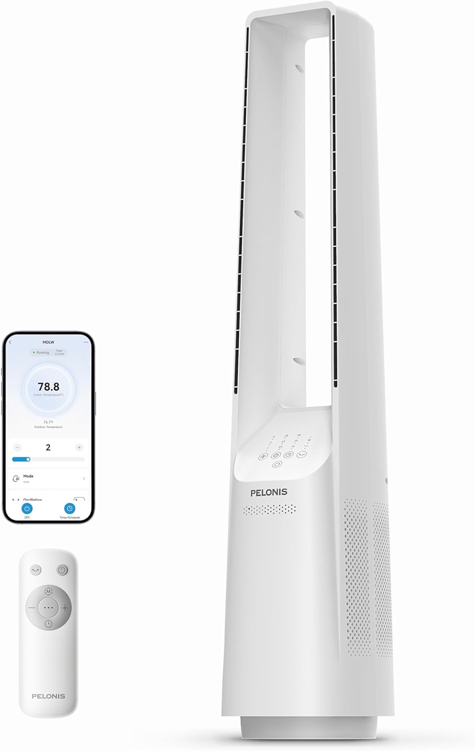 PELONIS 40" 90° Oscillation Bladeless Fan for Bedroom with Remote, White | Bladeless Cooling Tower Fan with 6 Speeds, 4 Modes, 26 ft/s, Brushless DC Motor, Quiet 22dB, 7-Hr Timer for Home, Office Use