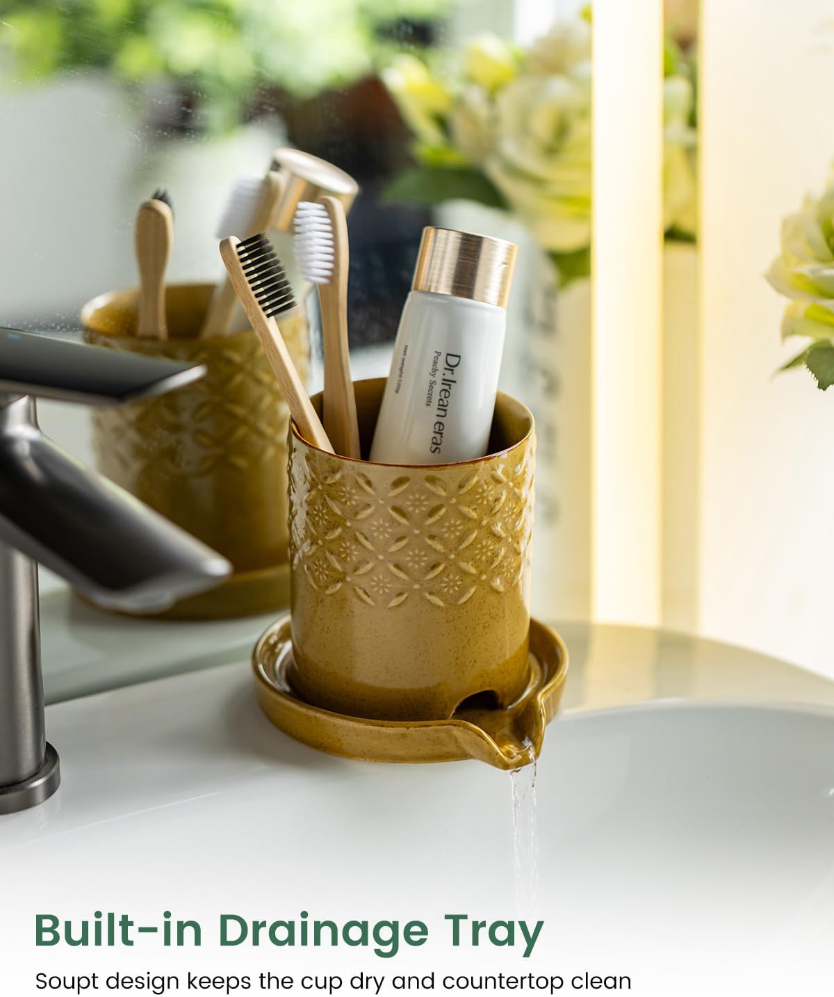 Zoeeker Toothbrush Holder with Drainage, Ceramic Toothbrush Holders Set | Electric Toothbrush & Toothpaste Holder for Bathrooms Self-draining Tooth Brush Cup Countertop Organizers for Family, Yellow
