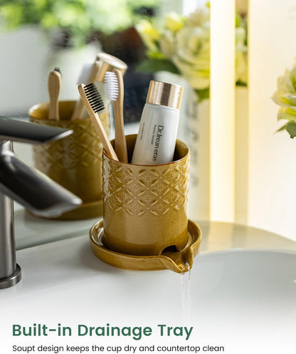 Zoeeker Toothbrush Holder with Drainage, Ceramic Toothbrush Holders Set | Electric Toothbrush & Toothpaste Holder for Bathrooms Self-draining Tooth Brush Cup Countertop Organizers for Family, Yellow