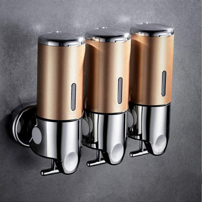 3 in 1 Chamber Wall Mounted Shampoo and Conditioner Dispenser (Silver) | No Drill Shower Soap Dispenser for Bathroom & Hotel Leak-Proof Pumps, Easy Installation and Large Capacity
