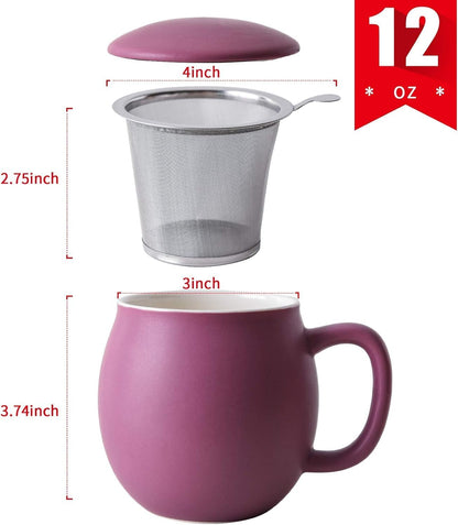 Yundu 12 OZ Matte Purple Ceramics Teacup with Infuser and Lid, Mug with Lid for Steeping - Stainless Steel Infuser for Loose Leaf Tea, Home Office Gift for Tea Lovers