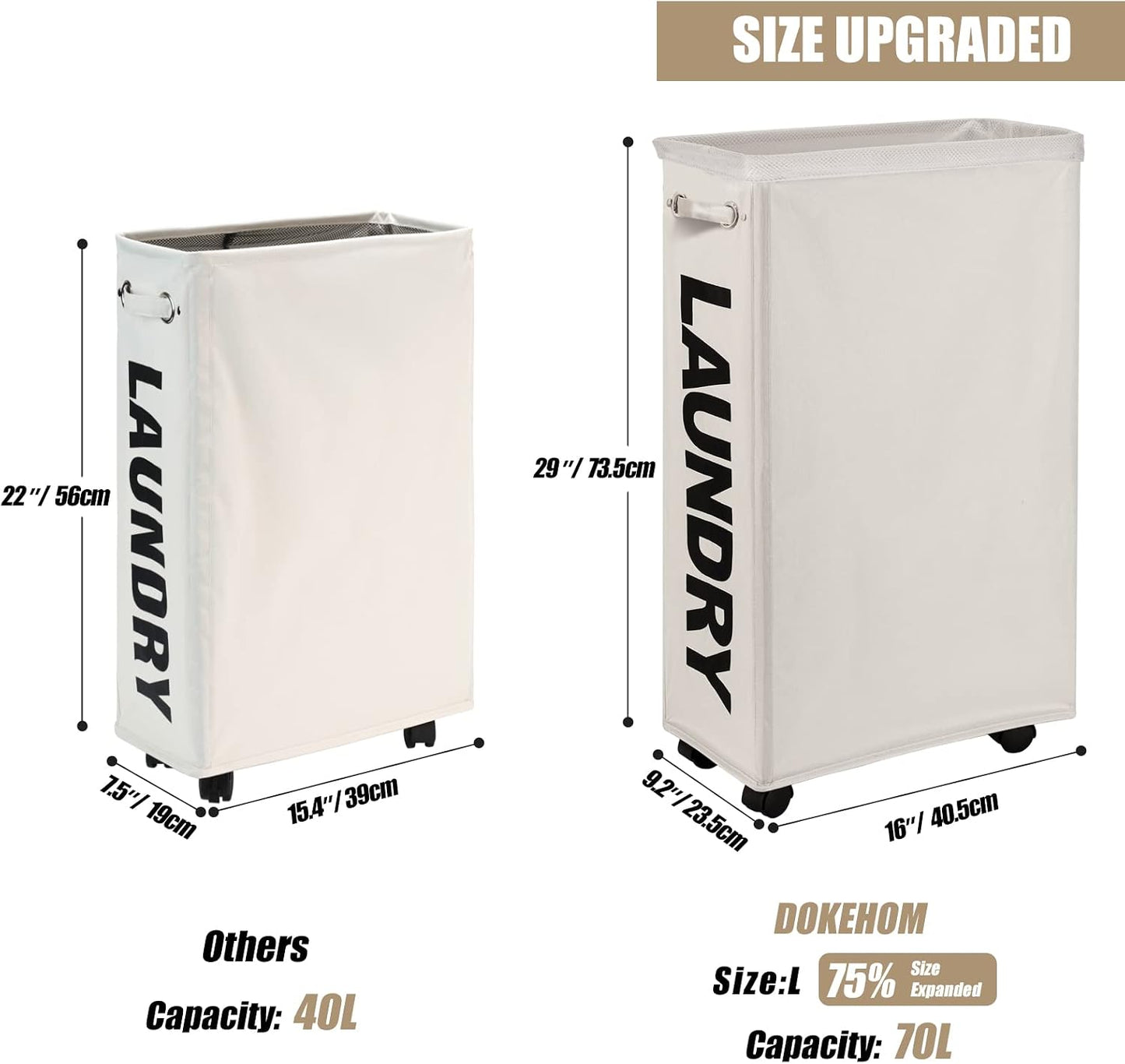 DOKEHOM 25" Slim Rolling Laundry Basket Hamper, Narrow on Wheels, Grey | Collapsible narrow laundry hamper with mesh drawstring closure. Foldable corner clothes storage bin for small spaces