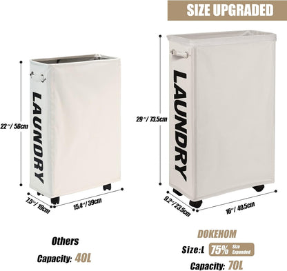 DOKEHOM 25" Slim Rolling Laundry Basket Hamper, Narrow on Wheels, Grey | Collapsible narrow laundry hamper with mesh drawstring closure. Foldable corner clothes storage bin for small spaces
