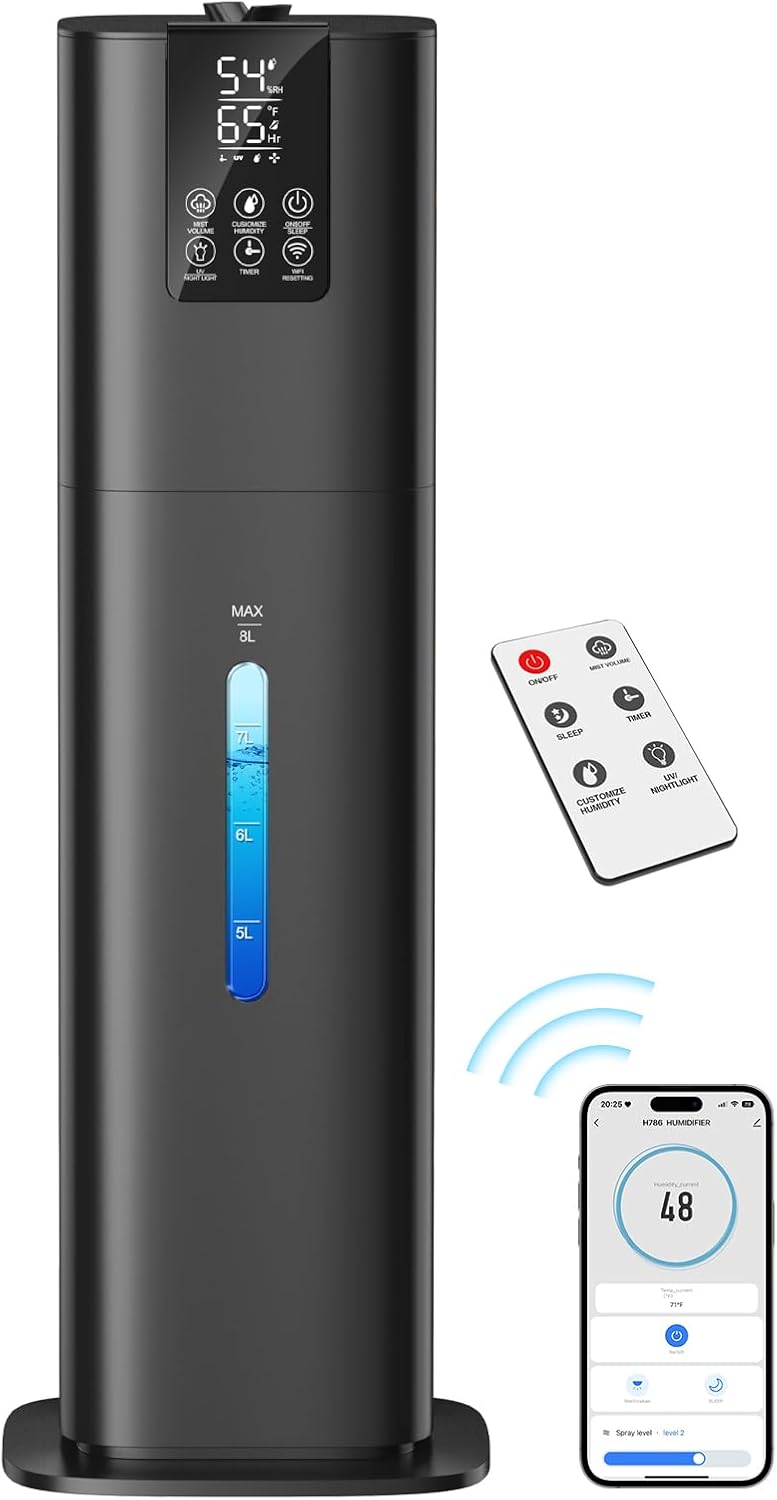 Smart Humidifiers Large Room Bedroom Home,2.11Gal(8L) Quiet Top Fill Cool Mist Humidifier,Smart App & Remote Control, 3 Speed Humidifier with 360°Nozzle,Humidity Setting for Baby Office Plant(White)