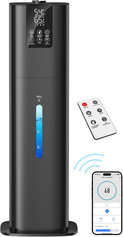 Smart Humidifiers Large Room Bedroom Home,2.11Gal(8L) Quiet Top Fill Cool Mist Humidifier,Smart App & Remote Control, 3 Speed Humidifier with 360°Nozzle,Humidity Setting for Baby Office Plant(White)