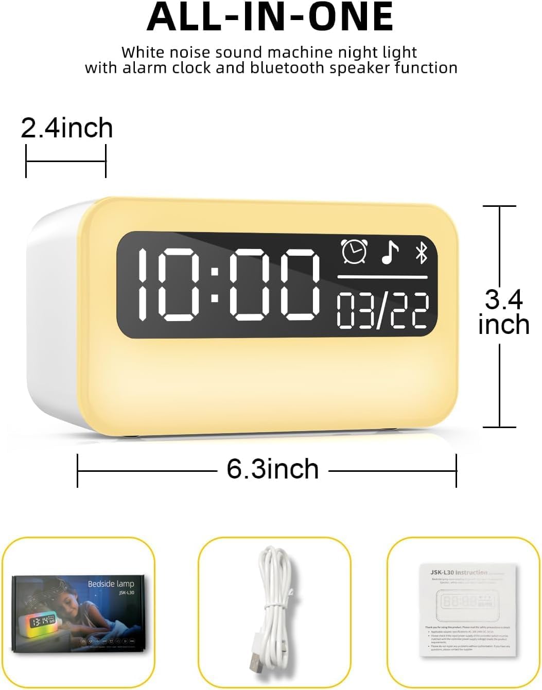 4-in-1 Night Light for Kids Adults, White Noise Sound Machine with 24 Soothing Sounds Portable Rechargeable Adjustable Brightness Light, Bluetooth Speaker Time Display, App Control