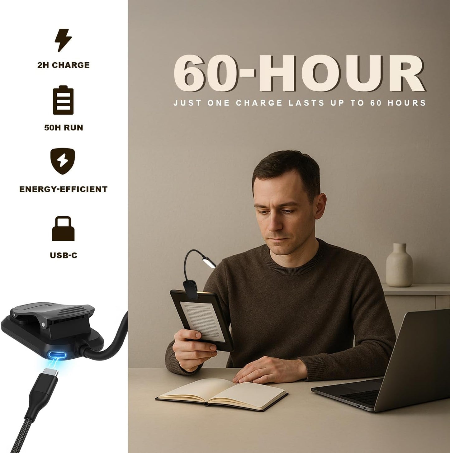 Rechargeable Book Light for Reading in Bed 25 LED - Eye Caring 15 Level Stepless Dimming, Extended 90Hrs Runtime, Lightweight Clip on Light, Gifts for Book Lovers, Black
