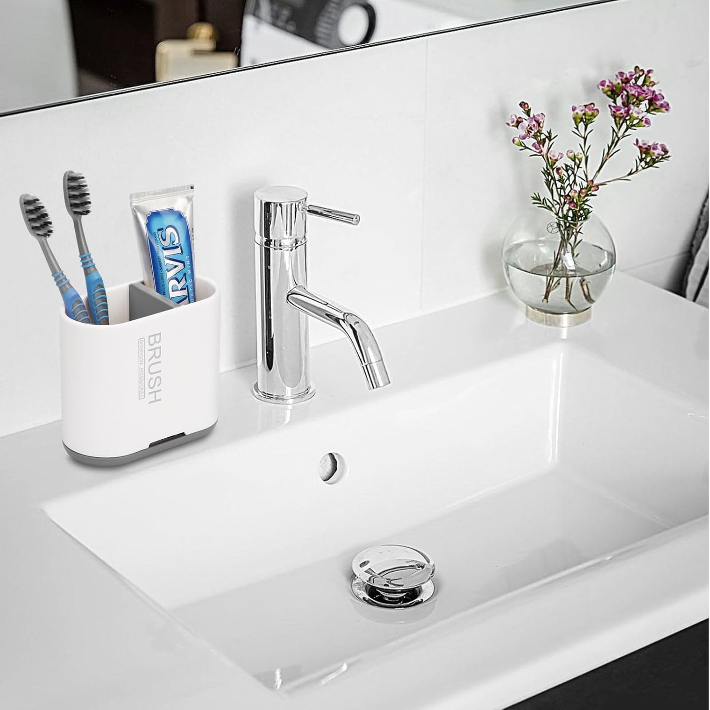 Bamboo Toothbrush Holder for Bathrooms Toothpaste Organizer, Small, White | 2 Slots, Easy to Clean, Plastic, Kids Electric Toothbrush, Drainage, Removable, For Bathroom, Vanity, Kitchen Sink, Office