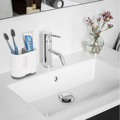 Bamboo Toothbrush Holder for Bathrooms Toothpaste Organizer, Small, White | 2 Slots, Easy to Clean, Plastic, Kids Electric Toothbrush, Drainage, Removable, For Bathroom, Vanity, Kitchen Sink, Office