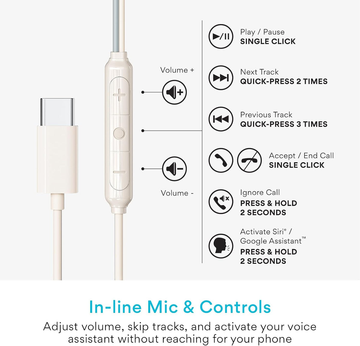 MEE audio SleepTones USB-C Wired Sleep Earbuds for Side Sleepers with Lightweight Low-Profile Silicone Earpieces, Noise Reduction Sleeping Headphones with Built-in Mic & Volume Controls (Beige)