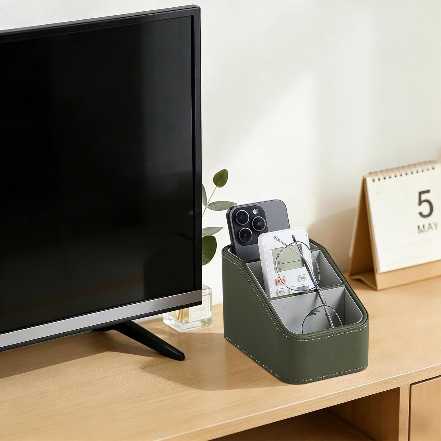 Remote Control Holder, Small Desk Organizer TV Remote Caddy, Black | PU Leather 3 Compartments Remote Holder, Remote Organizer Nightstand Organizer for Couch Bedside Living Room Office