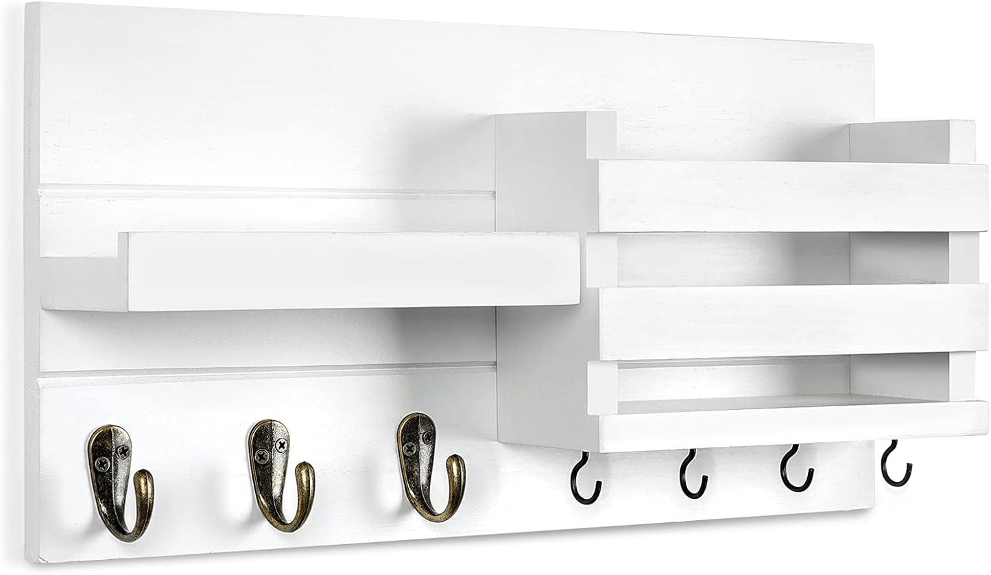 Lwenki Mail Organizer for Wall Mount – Key Holder with Shelf Includes Letter Holder and Hooks for Coats, Dog Leashes – Rustic Wood with Flush Mounting Hardware (16.5” x 8.7” x 3.5”)