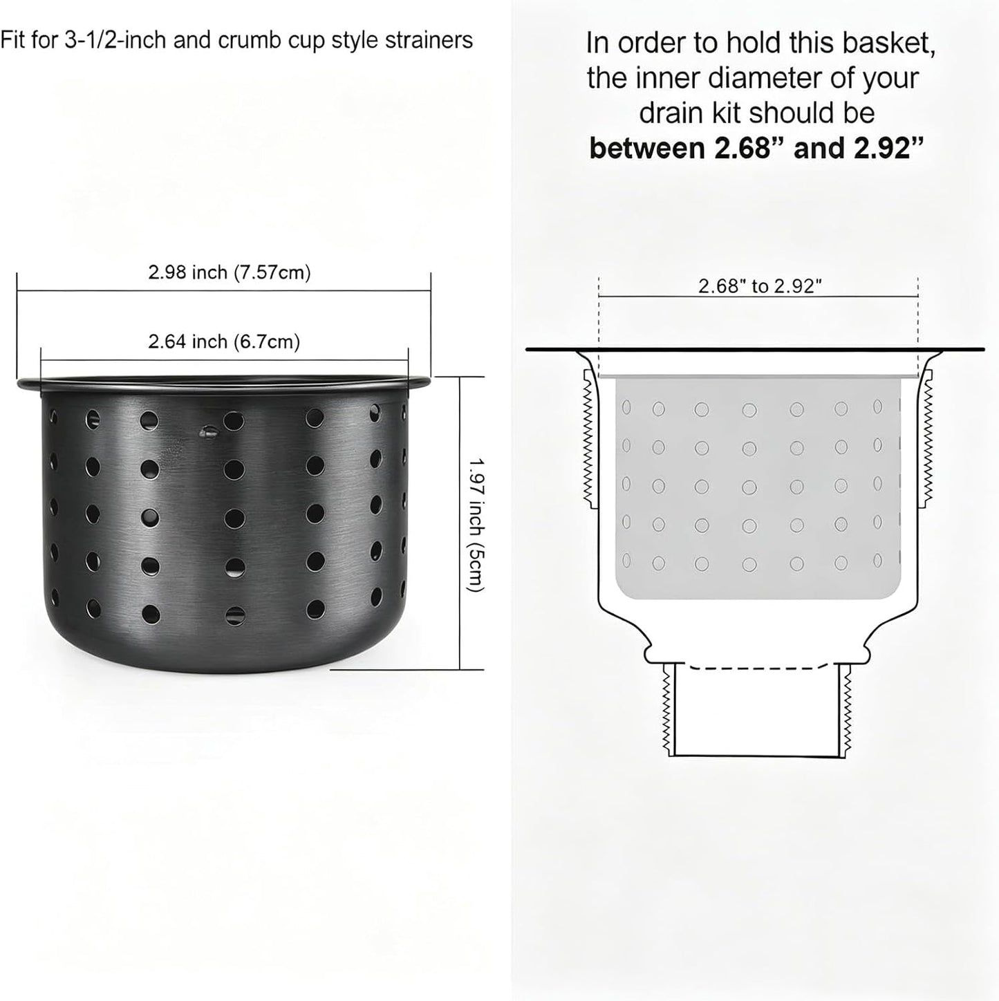 GZILA Kitchen Sink Drain Basket Only, 3-inch Basket for Kitchen Sink Strainer Replacement, Deep Cup Strainers with Handle, SUS 304 Stainless Steel