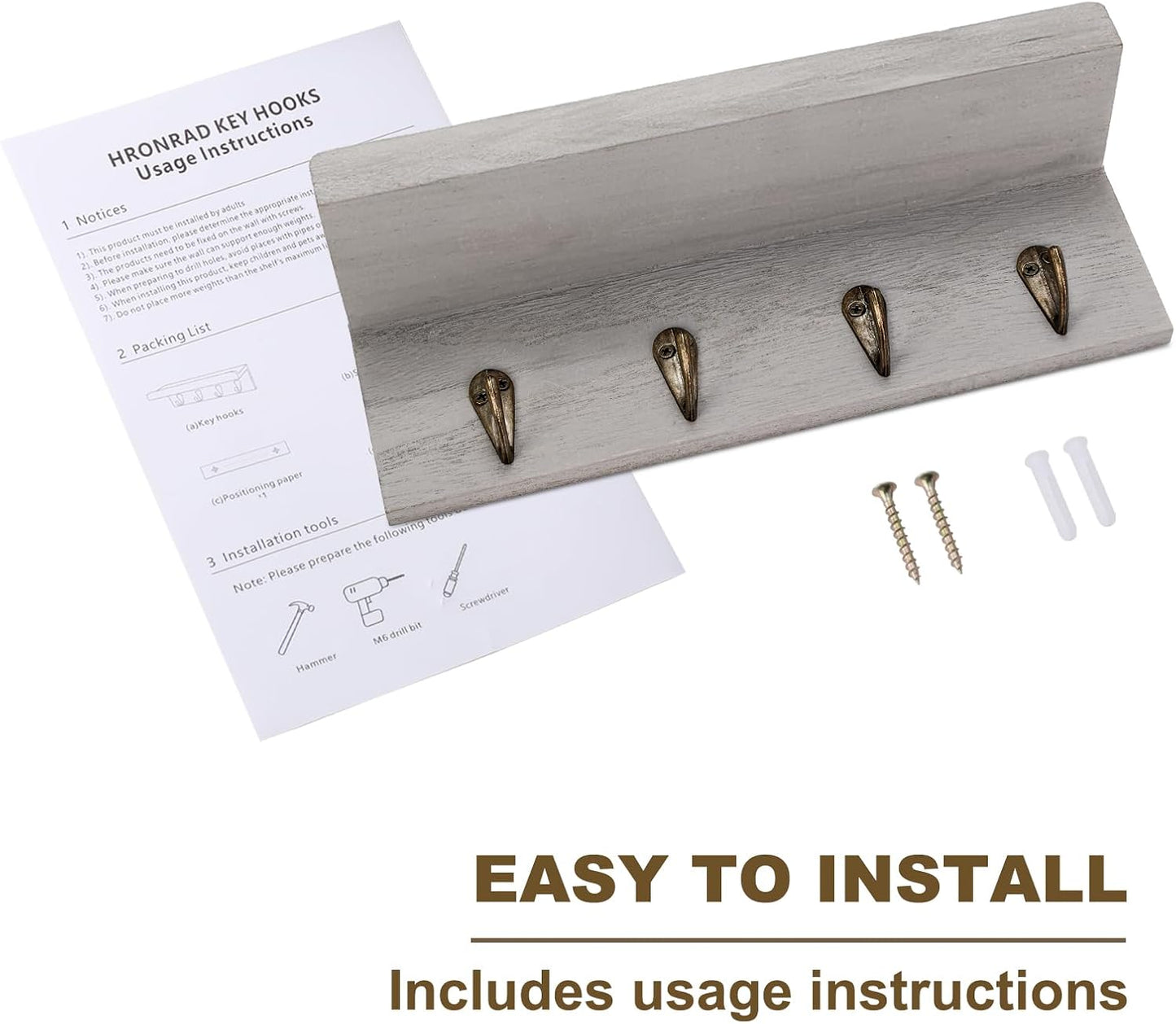 HRONRAD Rustic Key Holder for Wall, Farmhouse Wall Shelf with 4 Hooks, Wall Mounted Key Racks, Wooden Mail Organizer with Hooks for Entryway (Brown - Pine)
