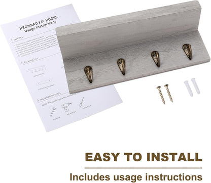 HRONRAD Rustic Key Holder for Wall, Farmhouse Wall Shelf with 4 Hooks, Wall Mounted Key Racks, Wooden Mail Organizer with Hooks for Entryway (Brown - Pine)