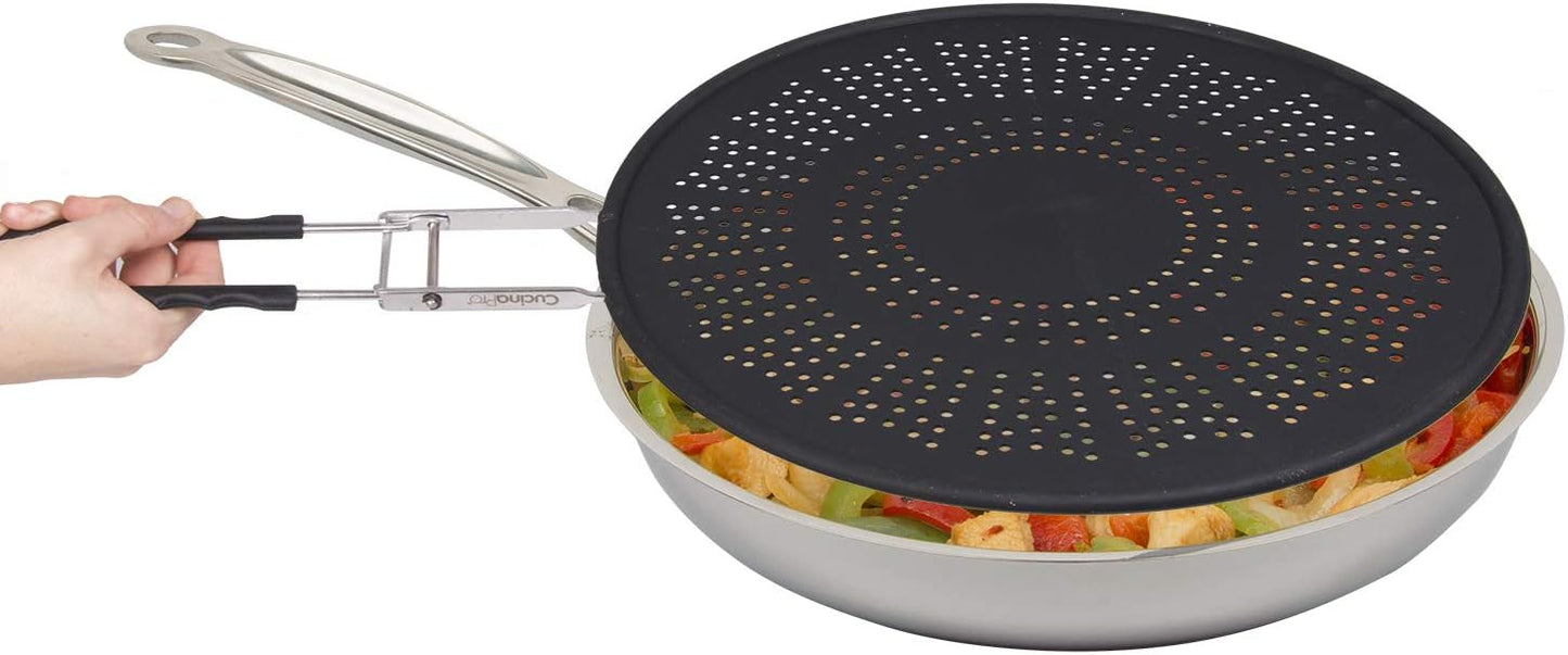 XL 11.5" Silicone Splatter Screen Shield- Multi Use Cover w Foldable Handle | Features Built in Water Strainer, Protect from Oil, Grease with Shield Guard- Fits Most Kitchen Frying Pans, Heat Resistant