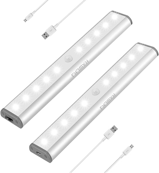 RXWLKJ Stick-on Anywhere Portable Little Light Wireless LED Under Cabinet Lights 10-LED Motion Sensor Activated Night Light Build in Rechargeable Battery Magnetic Tap Lights for Closet, Cabinet