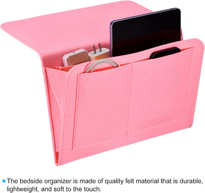 PATIKIL 11in Bedside Caddy, Bed Caddy Bedside Organizer Hanging 5 Pocket Soft Felt Bed Pockets Bedside Storage Organizer Remote Control Holder for Bedroom Phones Glasses, Pink