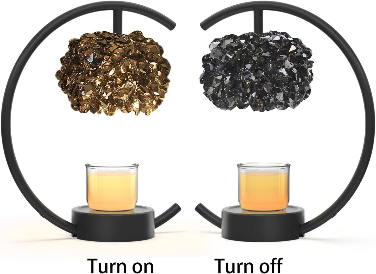 Yeuslor Gold Candle Warmer Lamp for Jar Candles with Adjustable Brightness＆Timer，Handcrafted Crystal＆Wooden Base, Luxurious Design,Home Decoration Electric Candle lamp(C-Shaped)