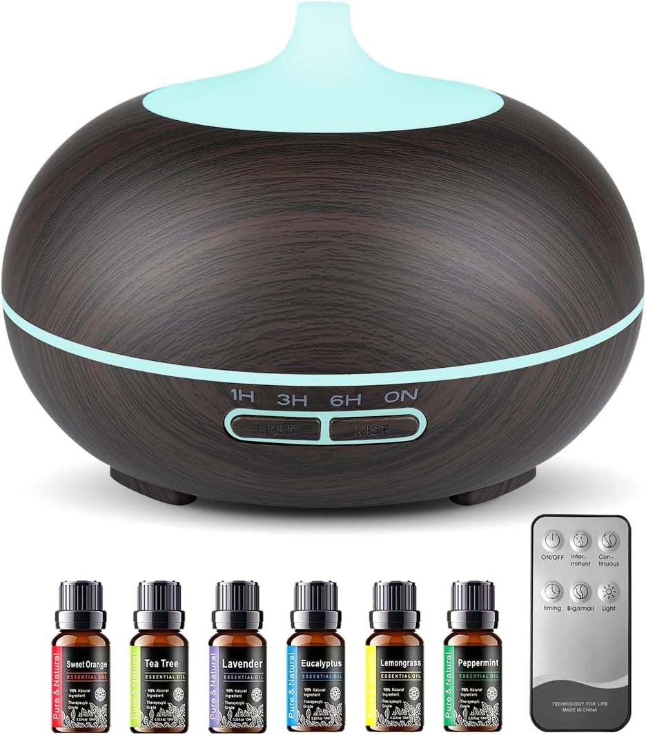 550ml Large Capacity Essential Oil Diffuser with 6 Essential Oil Set | Aromatherapy Ultrasonic Air Humidifier with Timer,7 Color LED Night Light,Waterless Auto-Off Functions for Home Spa