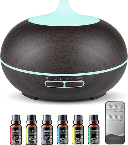 550ml Large Capacity Essential Oil Diffuser with 6 Essential Oil Set | Aromatherapy Ultrasonic Air Humidifier with Timer,7 Color LED Night Light,Waterless Auto-Off Functions for Home Spa