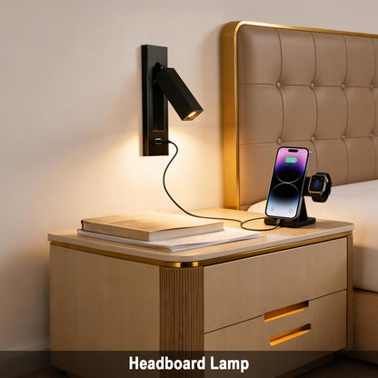 Wall Mounted Reading Light with USB, LED Bedside Reading Light with Switch, Adjustable Recessed Headboard Reading Lights Wall Sconce for Reading, Hardwired Reading Spotlight for Bedroom (Black)