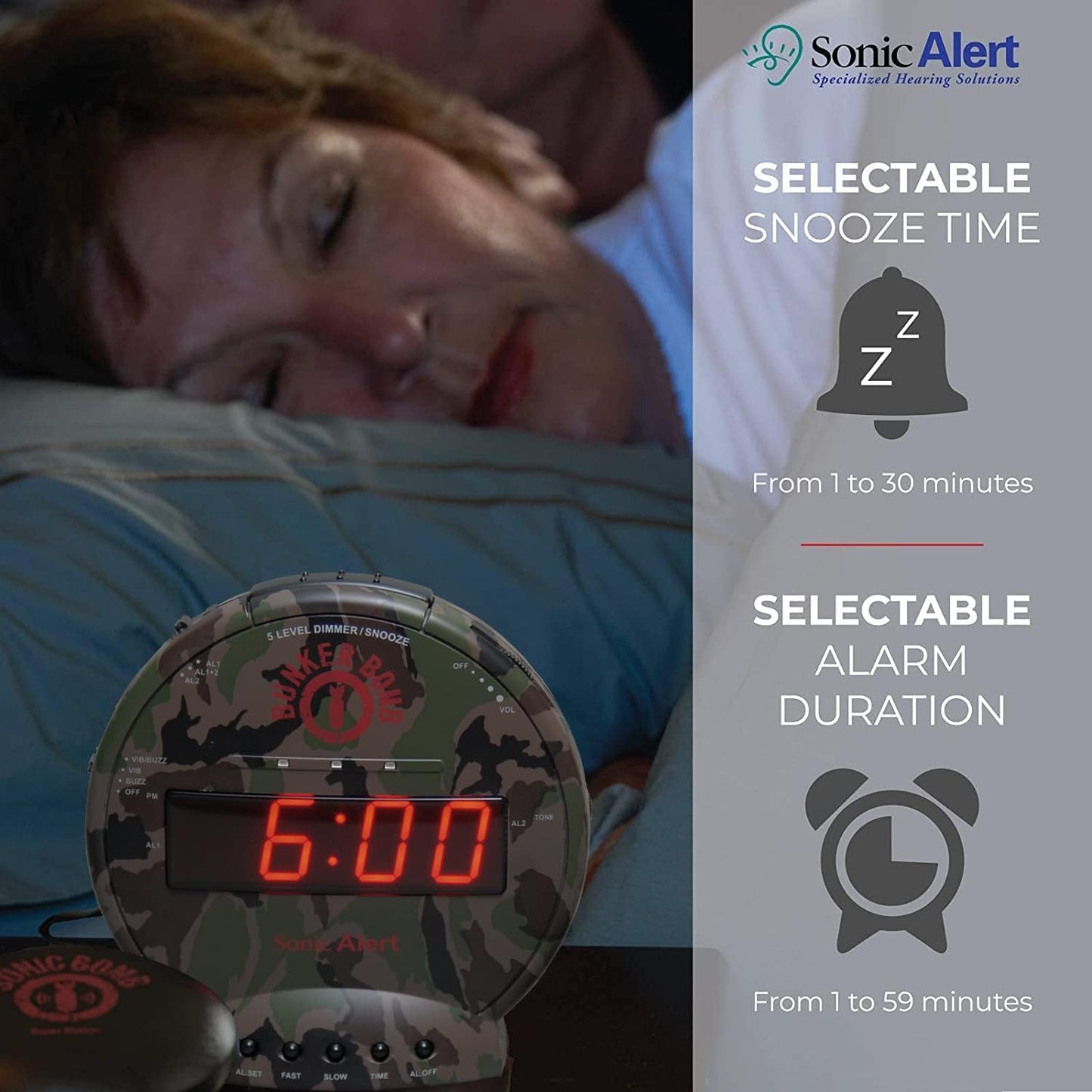 Sonic Alert Sonic Bomb Dual Alarm Clock with Bed Shaker, Black Vibrating Alarm Clock Heavy Sleepers, Battery Backup | Wake with a Shake