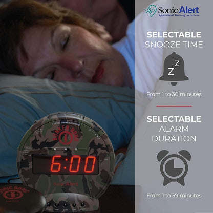Sonic Alert Sonic Bomb Dual Alarm Clock with Bed Shaker, Black Vibrating Alarm Clock Heavy Sleepers, Battery Backup | Wake with a Shake