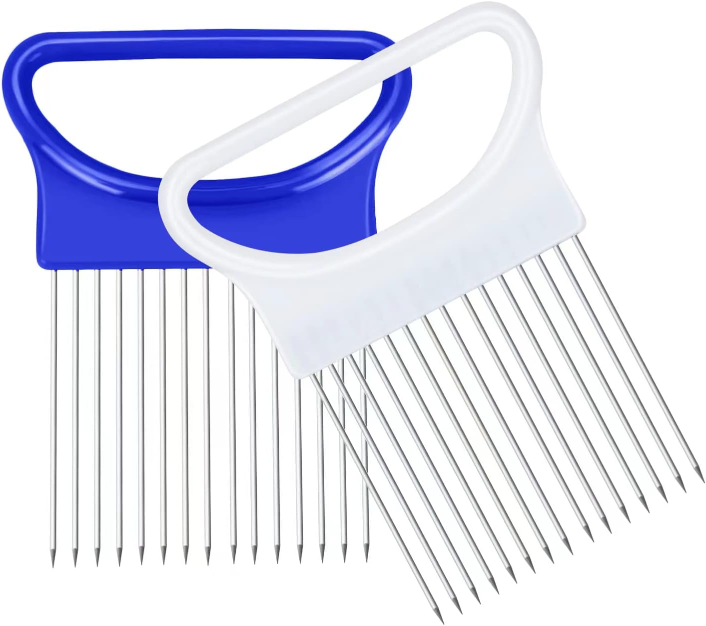 2Pcs Ruooson Onion Holder for Slicing, Stainless Steel Prongs Kitchen Slicer, Lemon Potato Cucumber Vegetable Cutter Comb,Meat Tenderizer,(white and blue).