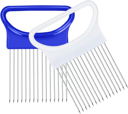2Pcs Ruooson Onion Holder for Slicing, Stainless Steel Prongs Kitchen Slicer, Lemon Potato Cucumber Vegetable Cutter Comb,Meat Tenderizer,(white and blue).
