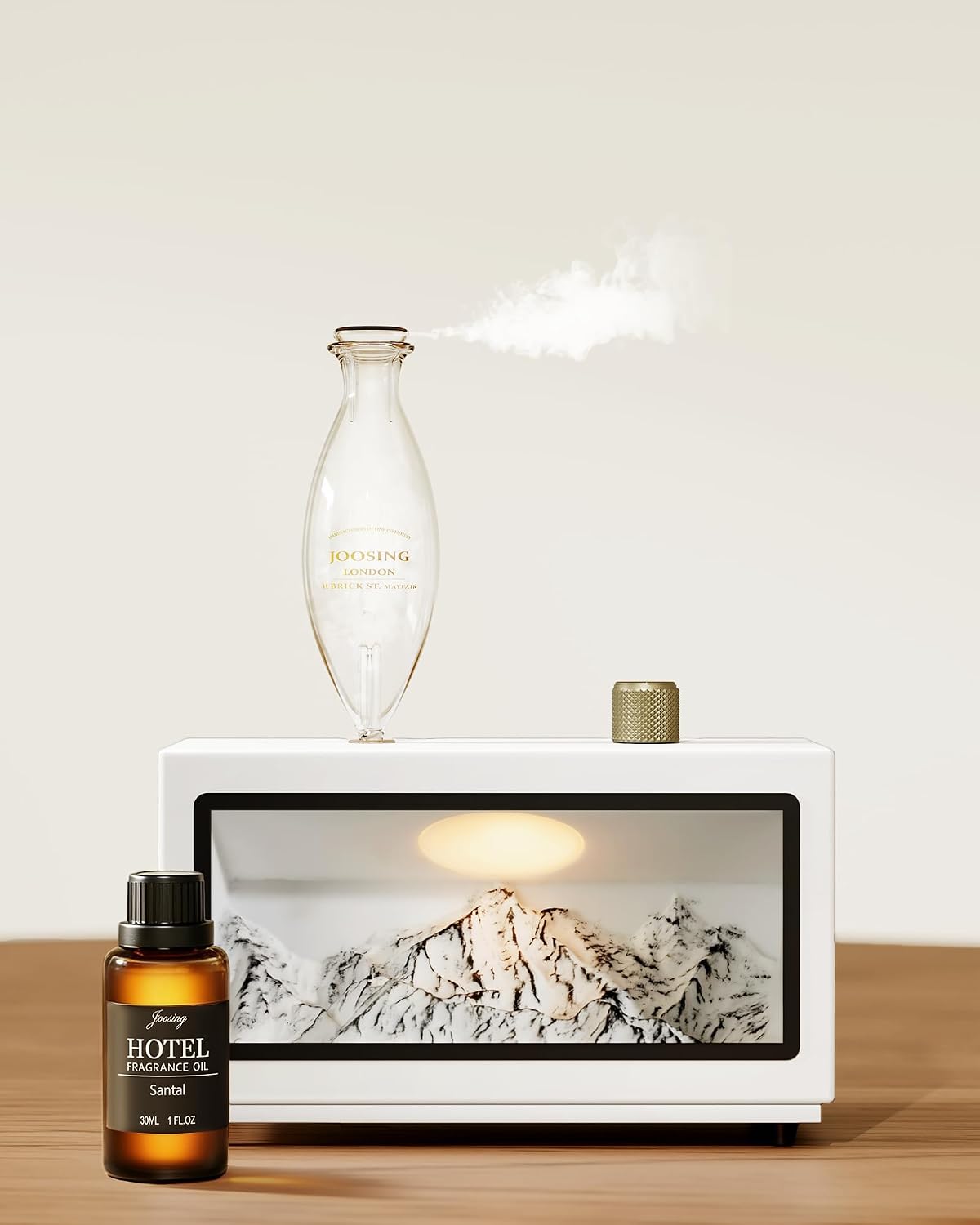 Waterless Oil Diffuser with Wood Base, Tempered Glass Bulb, 3 Color Light