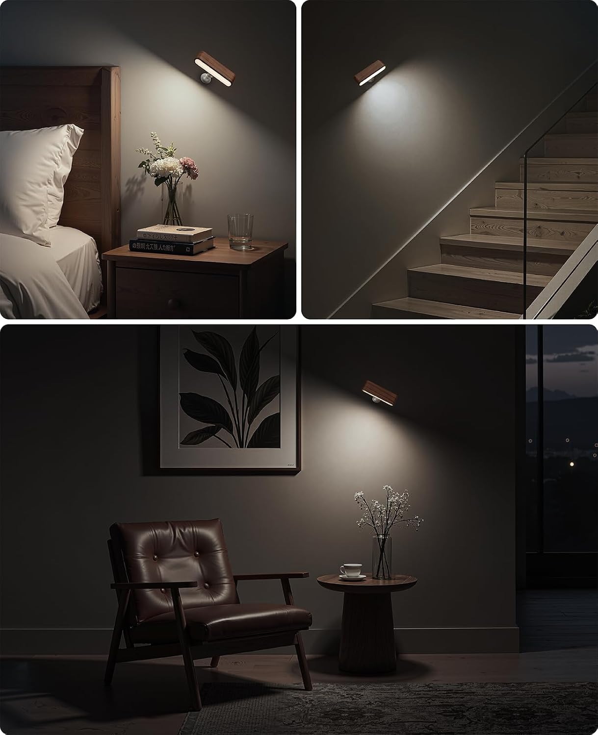 Rechargeable Wall Sconce, Reading Light for Bed, Magnetic Wood Lamp | Set of 2, Black Walnut, Touch Control, Adjustable Brightness, 4000K Nautral Light for Reading, Headboard Light, 360° Rotation