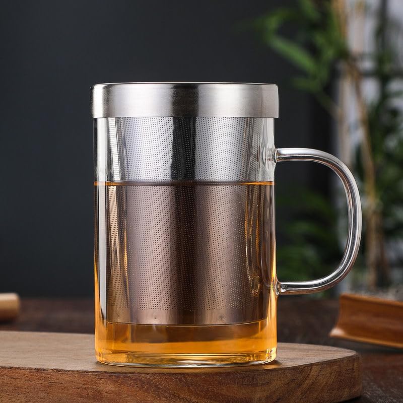 16.9 oz Borosilicate Glass Tea Mug with Stainless Steel Infuser & Lid –A 500mL heat-resistant glass teacup designed for brewing loose-leaf tea. Durable, elegant, and perfect for easy use