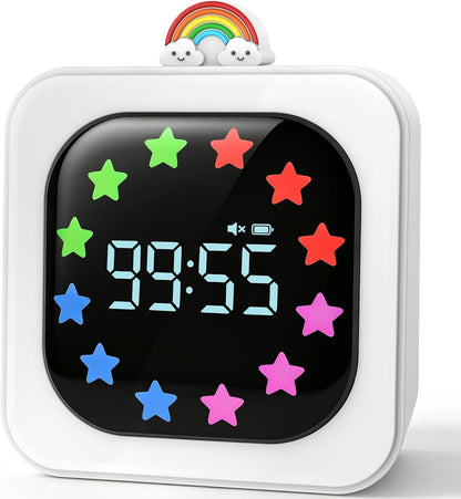 Digital Visual Timer for Kids with 12-Star Rainbow Display & 9 Color Modes | 99-Minute Count-Up & Countdown Timer with Silent Mode & Pause for Classroom, Home, Kitchen, Rechargeable, White