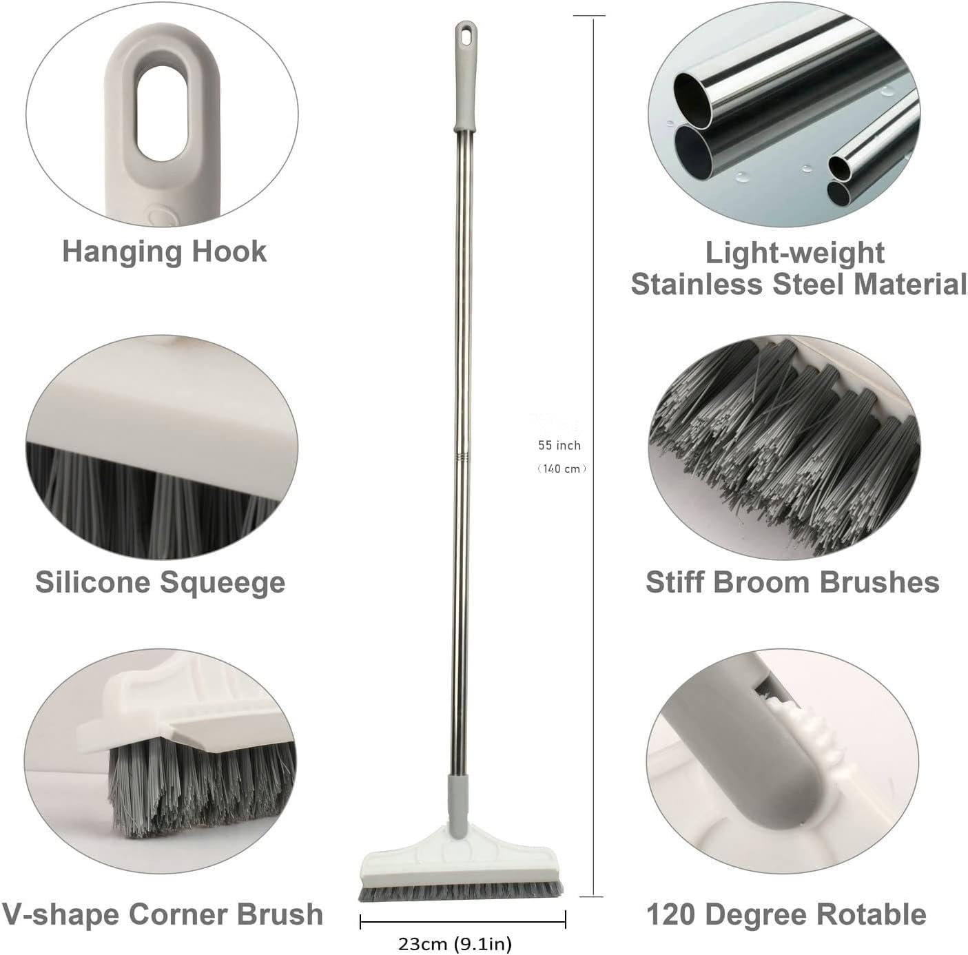 2 in 1 Floor Brush Scrubber with Long Handle Grout Brush 3 Poles 53.5'' New Upgrade Stiff Bristle Cleaning Scrub Brush with Squeegee 120°Rotating Tile Brush for Cleaning Bathroom Glass Patio Kitchen