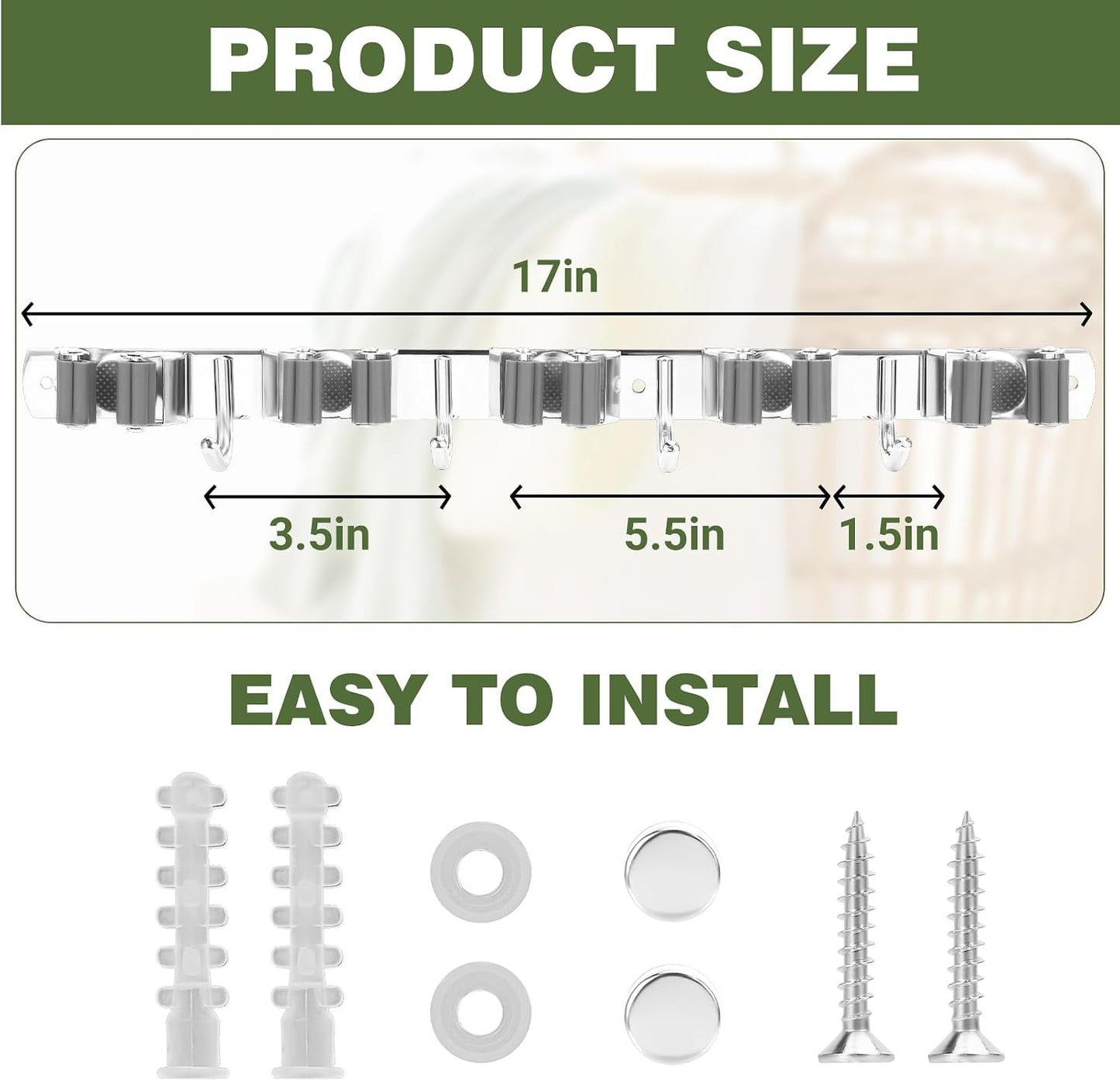 UNIFUN Broom Holder Wall Mount, 5 Racks 4 Hooks, Stainless Steel Organizer | Heavy-duty construction, Space-Saving Wall Mount, Easy To Install, Perfect for kitchen, garage, garden, laundry closet