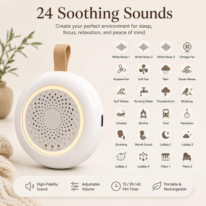 Portable White Noise Machine for Baby, 24 Nursery Sleep Sounds, Night Light