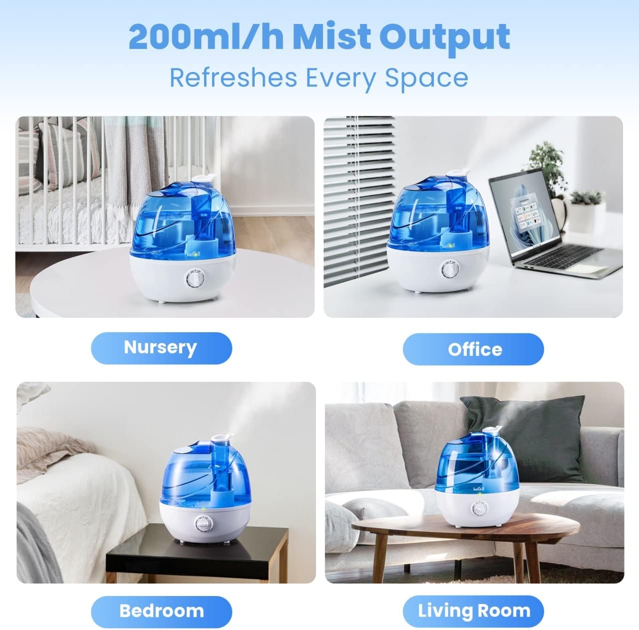 Cool Mist Humidifiers for Bedroom & Large Room (2.5L Water Tank) Quiet Ultrasonic Air Humidifier For Babies Nursery, Office, Indoor Plants & Whole House -Adjustable 360 Rotation Nozzle, Auto-Shut Off