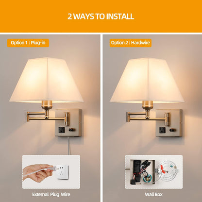Wall Mounted Lamp Plug in Wall Sconce with Dimmable Switch Swing Arm Wall Lamp Whire Fabric Shade with USB Port Gold Wall Sconce Suitable for Hallway Bedroom Living Room…