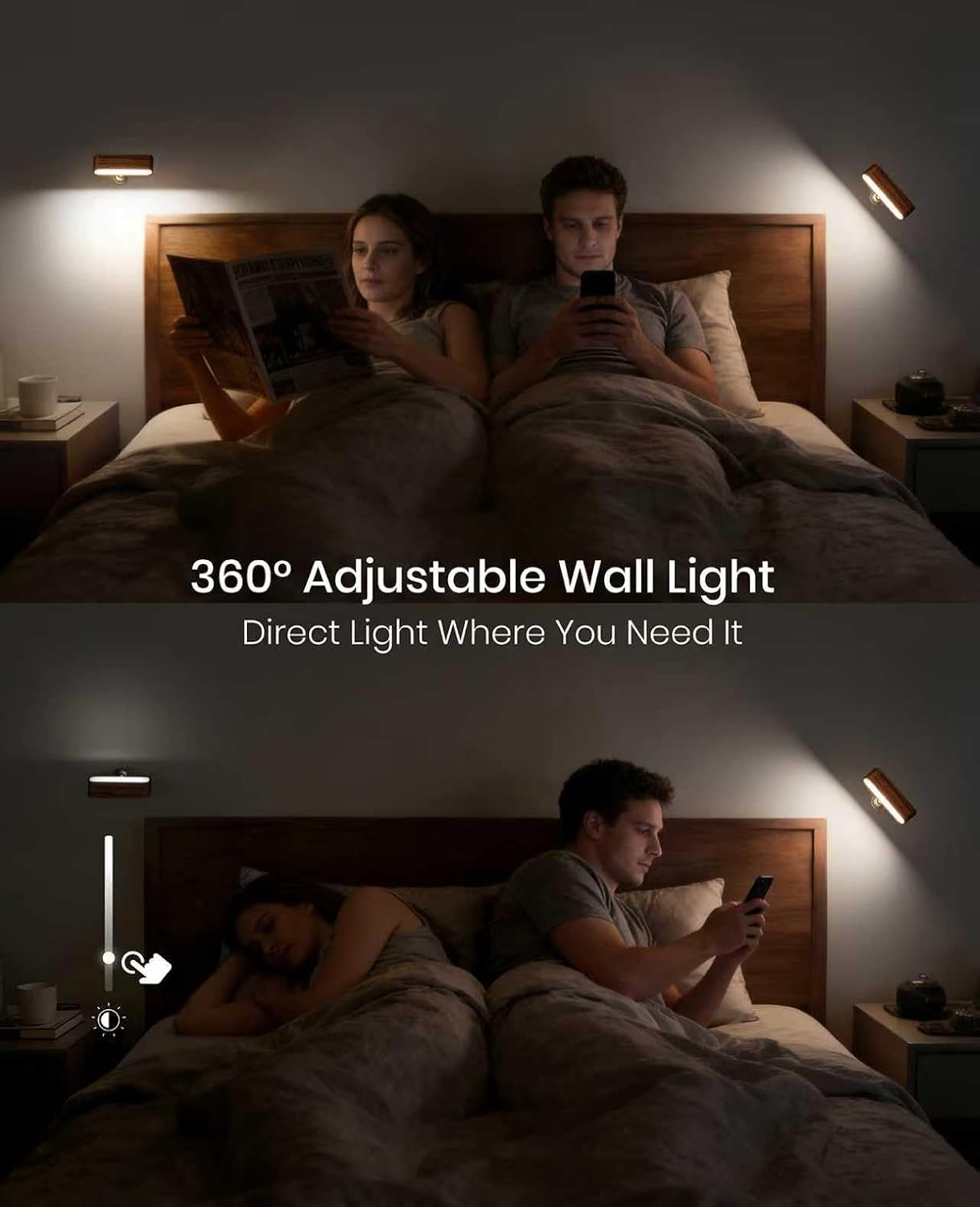 Rechargeable Wall Sconce, Reading Light for Bed, Magnetic Wood Lamp | Set of 2, Black Walnut, Touch Control, Adjustable Brightness, 4000K Nautral Light for Reading, Headboard Light, 360° Rotation