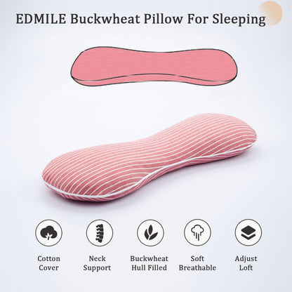 Buckwheat Pillow Cervical Neck Pillow, Buckwheat Hulls Filling Cooling Lumbar Support Pillow, Adjustable Firmness Ergonomic Design with Washable Cover, Blue 19"X7"