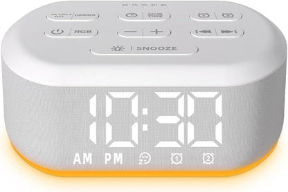 White Noise Alarm Clock Sound Machine for Bedroom Small Brown Noise Machine with 30 Soothing Sound Plug in Bedside Clock with NightLight Battery Backup 15 Wake up Sound Clock for Kids Heavy Sleeper