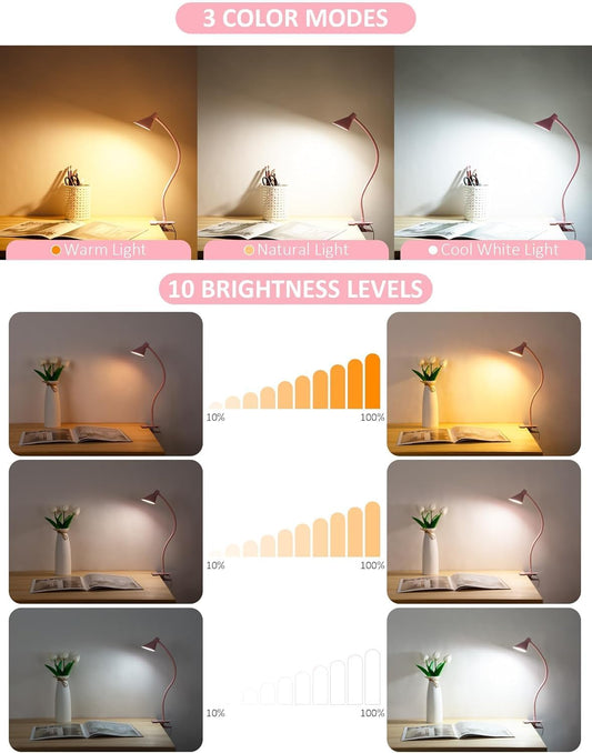 Clip on Light, Eye Care Reading Lights for Books in Bed Clip on Lamp Pink