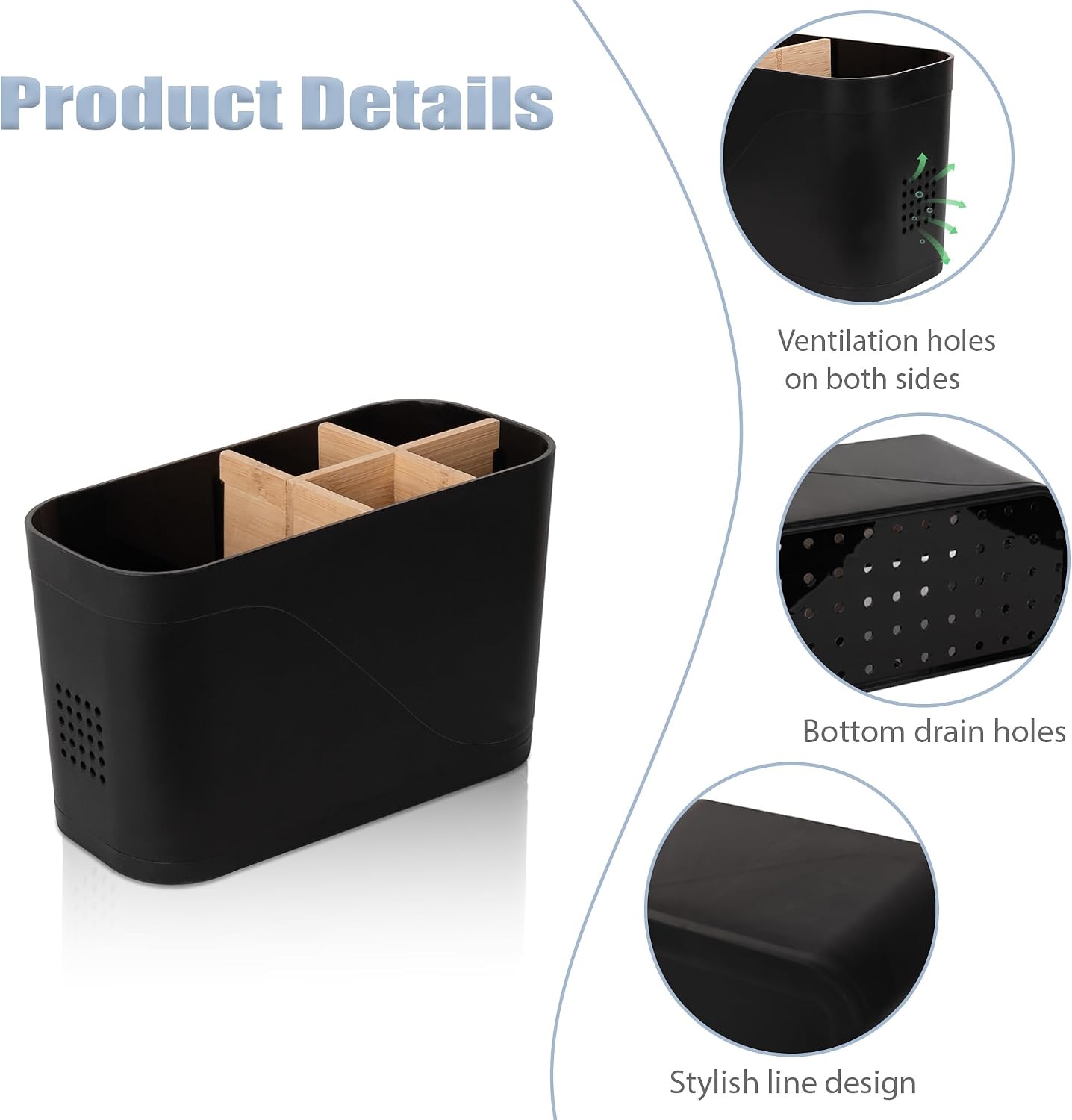Electric Toothbrush Holder Tooth Brush and Toothpaste Organizer, Black | 3 Slots, Drainage Holes, Removable Bamboo Divider, Ventilation Design, Space-Saving, for Bathroom Countertop, Shower, Vanity