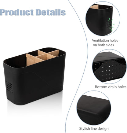 Electric Toothbrush Holder Tooth Brush and Toothpaste Organizer, Black | 3 Slots, Drainage Holes, Removable Bamboo Divider, Ventilation Design, Space-Saving, for Bathroom Countertop, Shower, Vanity