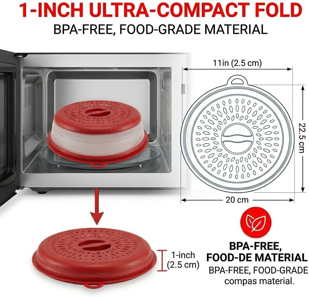 Microwave Splatter Cover for Food – Collapsible, Heat Resistant Vented Lid with Easy-Grip Handle, PP+TPR Plastic, Dishwasher Safe Kitchen Gadget, Green